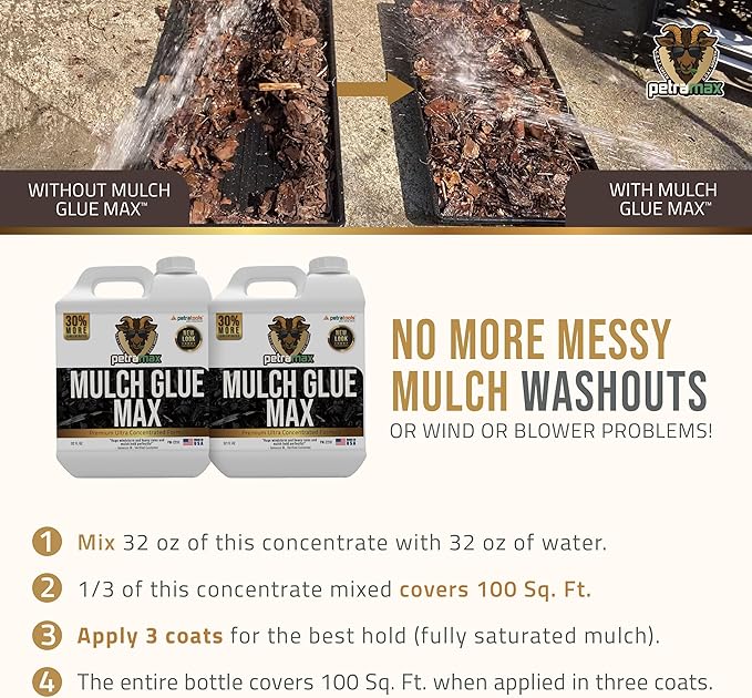 PetraMax Mulch Glue for Landscaping Rocks Max Concentrate, Non-Toxic Pea Gravel Binder, Mulch and Rock Glue for Landscaping, Landscape Rock and Gravel Stabilizer - Dries Clear Fast Dry (Max, 32oz x2)