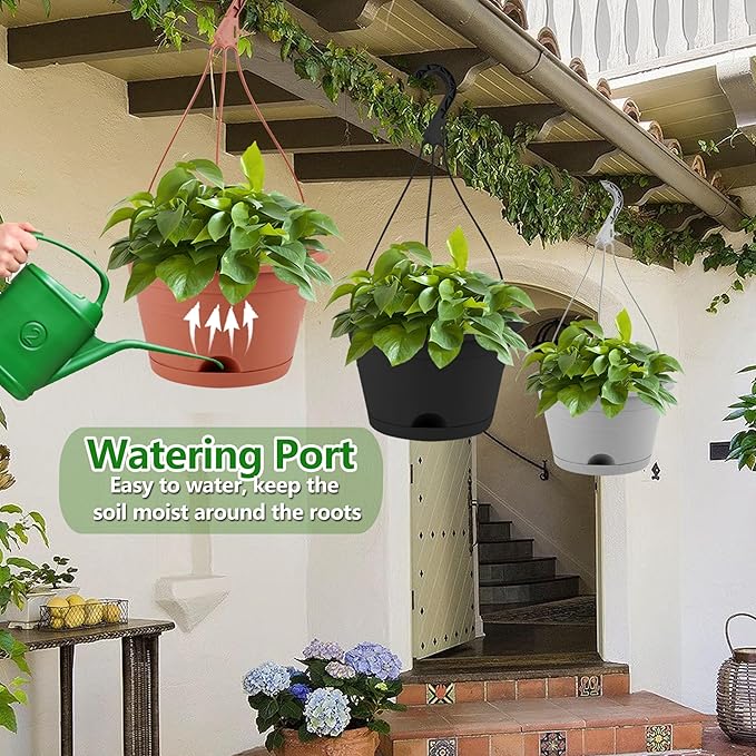 4 Pack Hanging Planters, 10 Inch Plant Pots with Hanger Chain & Drainage Trays, Hanging Baskets for Plants Outdoor Indoor, Flowers Pots for Home, Garden, Porch Decor (2 Grey + 2 Black)