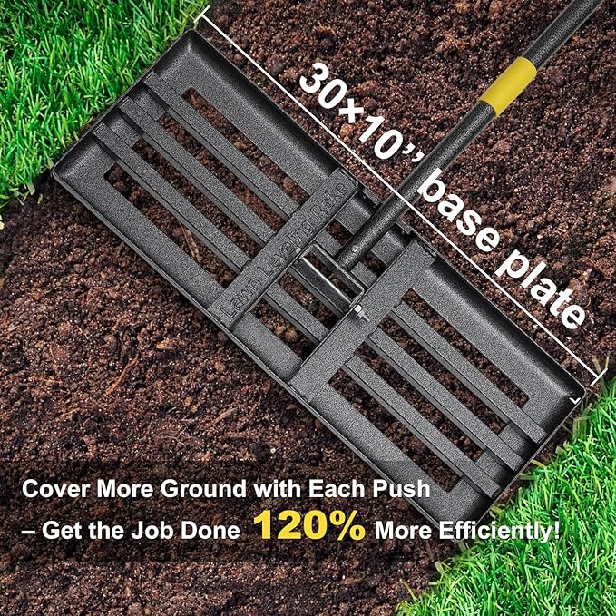 Large Lawn Leveling Rake - Heavy Duty 30"x10" Stainless Steel Leveler Plate,Reinforced Welds,28-72" Adjustable, Anti Flipping Smooth Edge,for Soil, Dirt,Ground,Golf,Yard Top Dressing,Landscaping