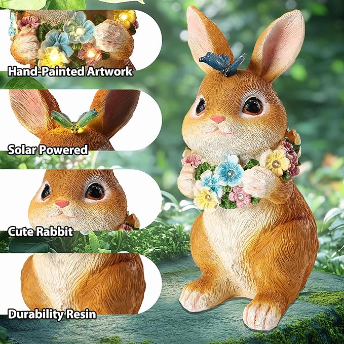Solar Garden Statues Outdoor Decor, Rabbit Statue with Butterfly & Flowers, Yard Decoration with 6 LED Lights for Patio, Balcony, Backyard, and Lawn, Unique for Mom, Grandma