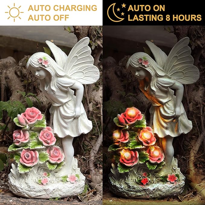 Garden Figurines Angel Garden Statue Outdoor Decor, Solar Powered Resin Sculpture with 5 LEDs Art Decoration for Patio Lawn Yard Porch, Ornament Housewarming Gift, 11“ H