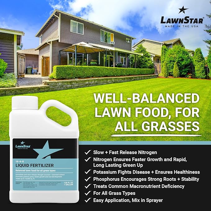 Balanced 16-4-8 Nutrient Liquid Fertilizer (1 Gallon) - Premium Lawn Food, NPK with Added Seaweed Extract, Treats Common Deficiencies, Safe for All Grass Types