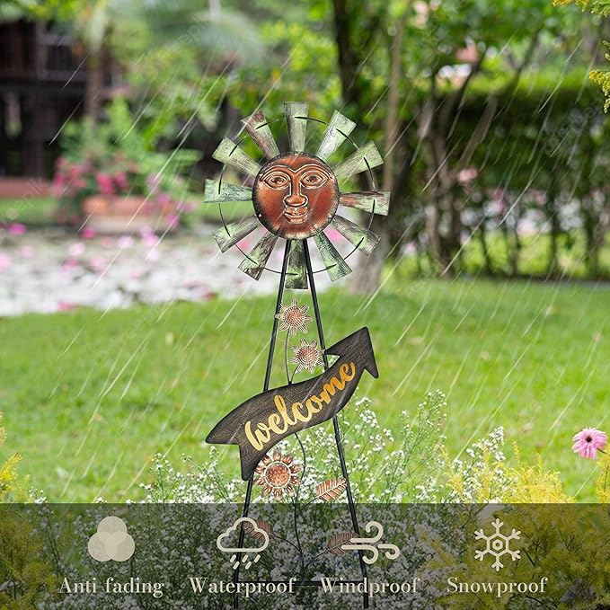TERESA'S Collections Garden Decor with Solar Outdoor Lights, Wind Spinner Yard Art Sign for Outside, 37'' Bronze Metal Sun Face Windmill Decorative Garden Stake for Lawn Ornaments, Gifts for Mom