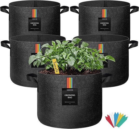 The Growing 5 Pack 5 Gallon Fabric Grow Bags，Thickened Aeration Nonwoven Fabric Plant Pots with Durable Handles,Heavy Duty 300G Planter Pot for Tomato, Fruits, Vegetables and Flowers, Black