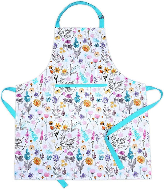 AMOUR INFINI Cotton Women Apron with Pockets, Adjustable Strap and Waist Ties Aprons for Baking, Cooking, Gardening (27.5 x 33 Inches - Joyful Floral)