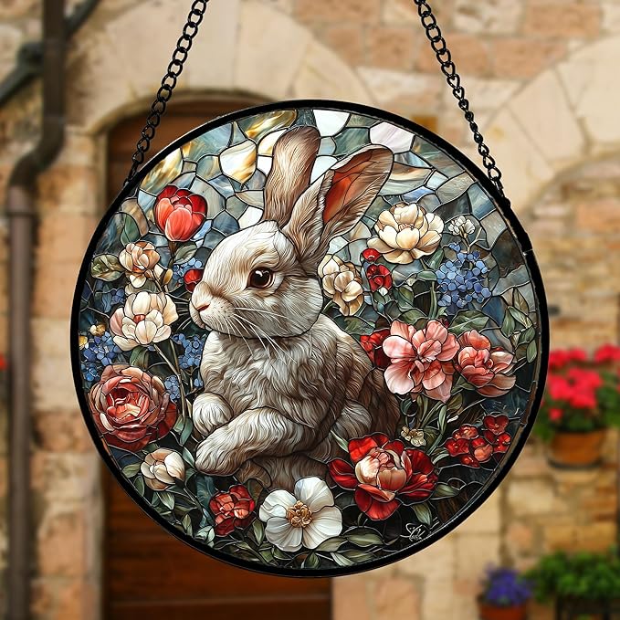 Stained Glass Window Hanging - Cute Rabbit Flowers Suncatcher Ready to Hang Window Doors Home Decoration, Christmas, Mother's Day Birthday Gifts for Women, Men, and Mom 9.8x9.8 in
