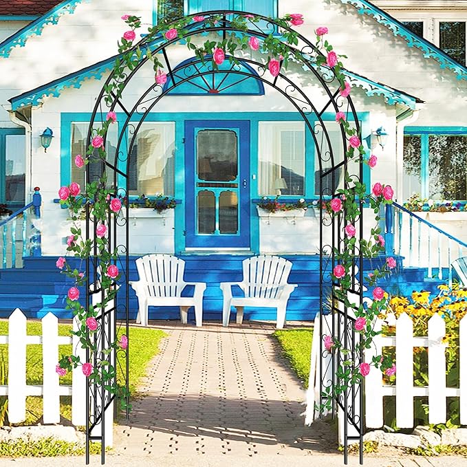 Metal Garden Arch 90" H Garden Arbor Trellis Climbing Plants Support Pattern Arch Outdoor Lawn Wedding Party Events Archway Black