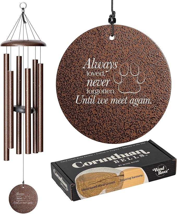 Corinthian Bells 36" Pet Memorial Wind Chime – Copper Vein – “Always Loved, Never Forgotten” with Engraved Pawprint – Soothing Sympathy Gift for Dog or Cat Loss & Remembrance
