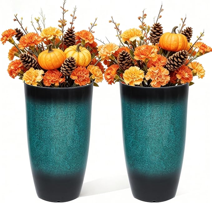 23.8" Tall Pots for Plants Ceramic Style Large Plant Pot Outdoor Set of 2 Indoor Flower Pots for Front Porch Decor Durable Plastic Planters for Garden, Patio, Living Room, Turquoise