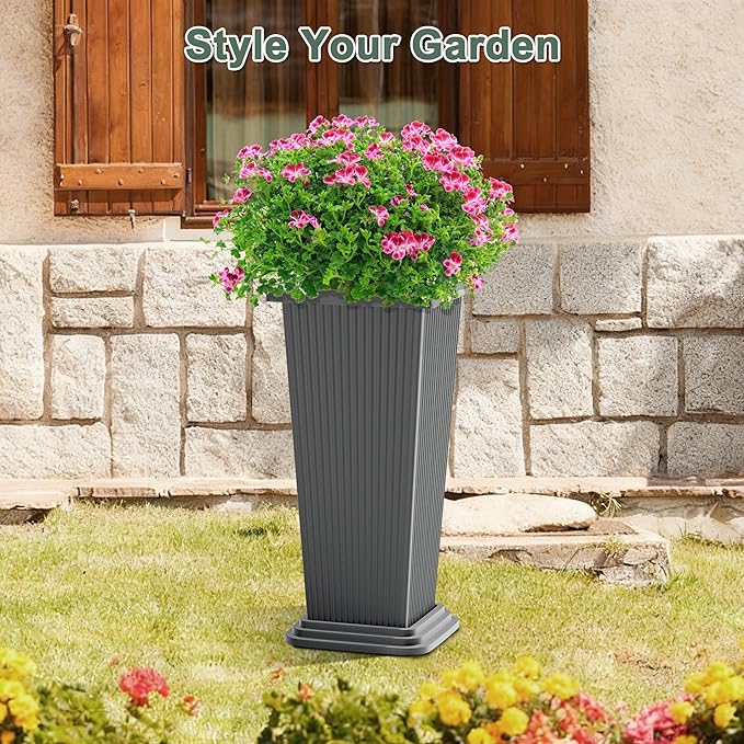 Set of 2 Tall Planters with Drainage Tray, 24 Inch Large Flower Pots for Indoor Outdoor Plants Mordern Planter Weather-Resistant for Patio, Front Door Decor, Garden (Gray Ribbed)