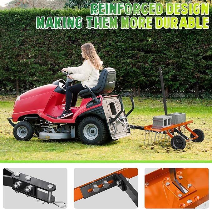 48 Inch Orange Tow-Behind Dethatcher with 24 Spring Steel Tines, Pull Dethatcher for Outdoor Yard Care, Garden Farm Grass Tractor Rake to Remove Thatch, Leaves and Needles from Large Lawn Areas