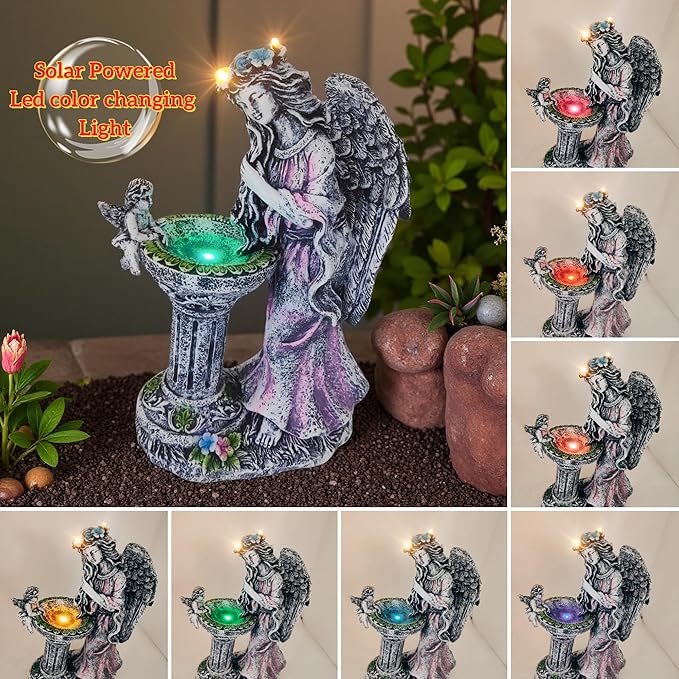 Solar Outdoor Figurine Lights Gnome Garden Decor Statue with LED Lantern, Glowing Fairy Yard Decorations for Outside Patio Yard Front Porch, Housewarming Home Decor Gifts Thanksgiving (Pink Angel)