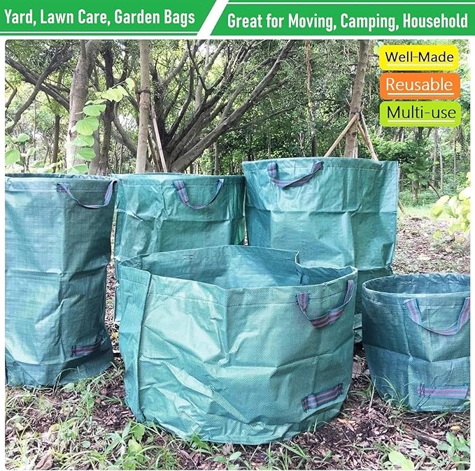 Professional 3-Pack 63 Gallon Lawn Garden Bags Large (D31,H19 inch) Yard Waste Bags w/Gardening Gloves, Standable Big Leaf Bag,Yard Debris,Lawn Trash Container,Grass Clippings Bags,Weeds Bag 4 Handles