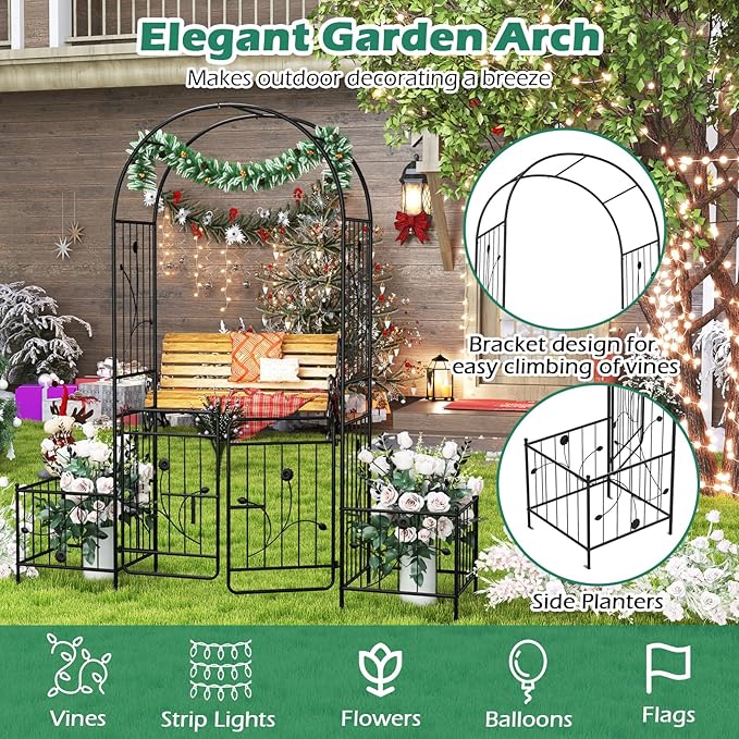 Giantex Garden Arch with Planter - 86 inch Metal Garden Arbor with Gate, Arch Trellis for Climbing Plants Rose, Wedding Archway Pergola for Lawn Patio Bridal Party Decoration