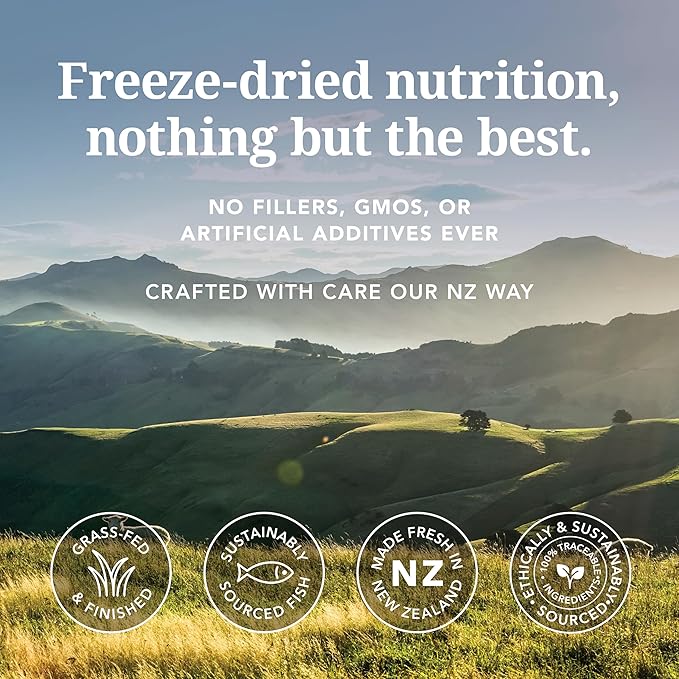 Feline Natural High Protein Dry Cat Food, Freeze-Dried Diet with 98% Meat, Organs & Seafood, No Peas, Grains, or Artificial Additives, Made in New Zealand, Lamb & King Salmon, 1.8lb