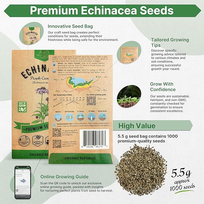 Organo Republic Echinacea Seeds Pack 5.5 G - Over 1000 Non-GMO Heirloom Echinacea Seeds for Planting Herbs in Individual Seed Packet, Herbs Seeds for Planting Home Garden Indoor & Outdoor Gardening