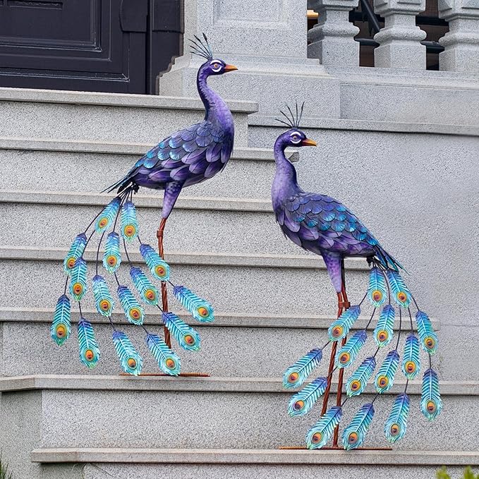 Kircust Purples Peacock Garden Statue and Sculpture, Metal Peacocks Yard Art Lawn Decor, Large Birds Garden Sculptures & Statues for Patio Backyard Pond Home Decoration