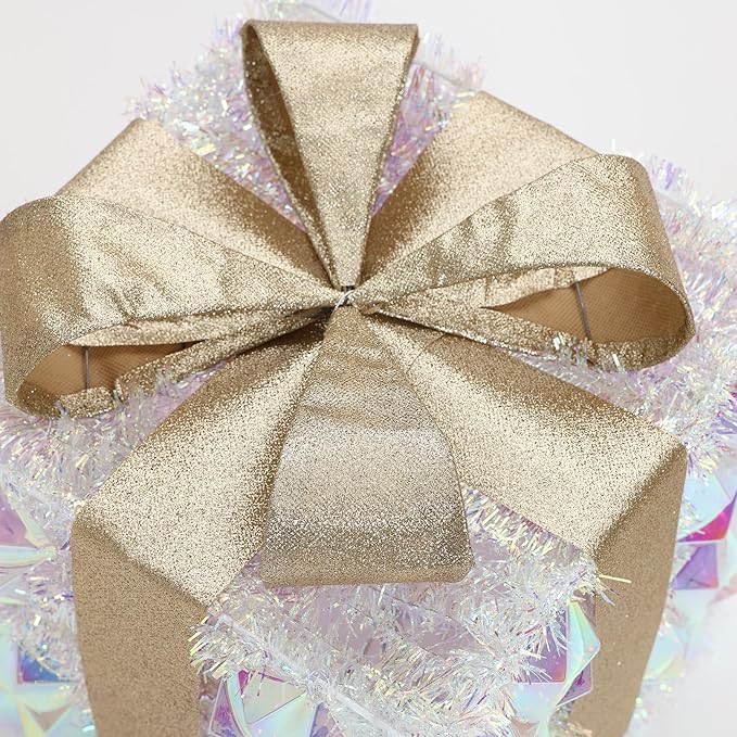 LuxenHome Set of 3 Lighted Gift Boxes, Plug-in Silver Prism with Gold Ribbon Bow Boxes with 70 LED Lights for Entryway, Lawn, Porch, Under Tree Indoor, Outdoor Christmas Decoration