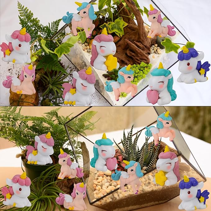Mood Lab Miniature Unicorn Figurines Set - Funny Mini Statue Kit of 9 pcs - Unicorn Fairy Garden Accessories