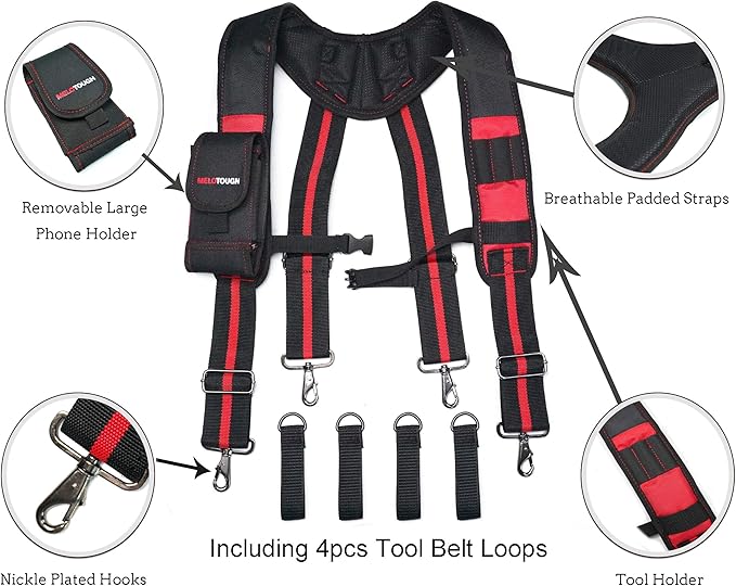 MELOTOUGH Tool Belt Suspenders Construction Work Suspenders with detachable phone holder comfortable foam shoulder padder (Red)