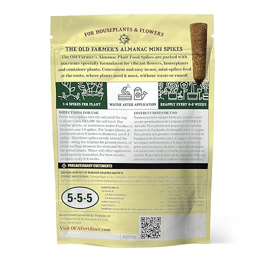 The Old Farmer's Almanac Houseplant & Flower Plant Food Mini Spikes - NPK 5-5-5 for Continuous Feeding and Vibrant Colors (24 Mini Spikes)