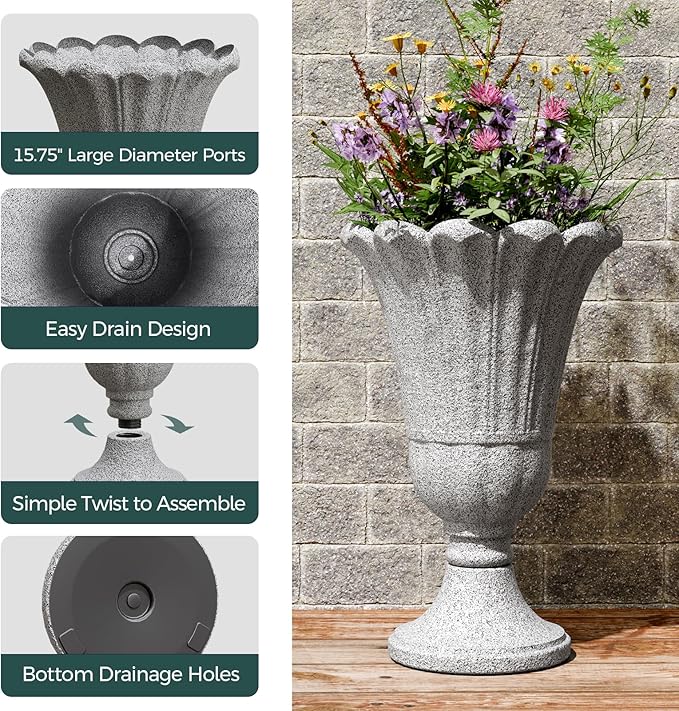 23.6" Tall Plastic Urn Planters for Outdoor Plants, Set of 2 Heavy-Duty Classic Indoor Large Flower Pots with Drainage Holes & Petal Design, Outdoor Planters for Porch, Home Garden, Grey