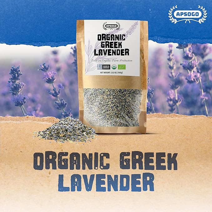 Apsogo Organic Greek Lavender – Premium Dried Flowers (3.52 oz), Organic Herbal Lavender Tea & Culinary Use, Whole Buds in Resealable Pouch