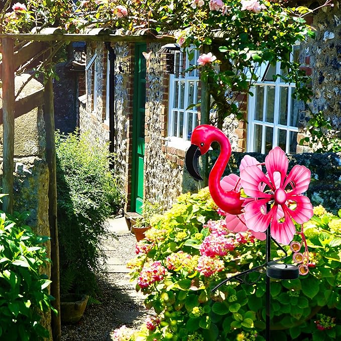 Solar Wind Spinner with Metal Sculpture Garden Stake Flamingo Decor Multi-Color LED Lights for Outdoor Yard Lawn & Garden Decoration