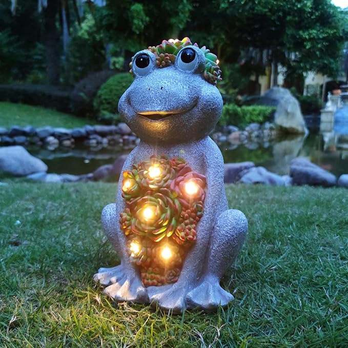 Solar Frog Garden Outdoor Statue with 8 LED Lights Mom Gifts Home Decorations,Fairy Garden Solar Figurines Lights, Resin Frog Decor Art Housewarming Gift for Patio,Yard,Lawn Ornament