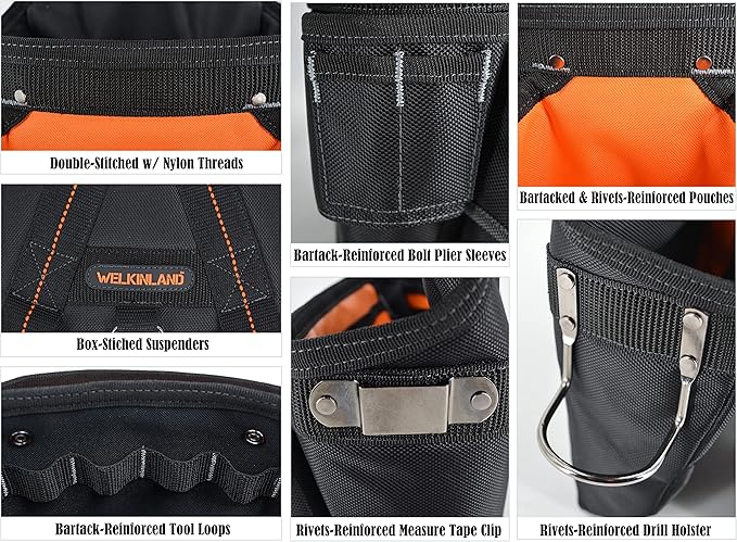 WELKINLAND 39Pockets Tool Belts for Men with Suspenders, 4" Padded Toolbelt, Tool Belt with Suspenders, Black W/Orange, One Size (38"-48")