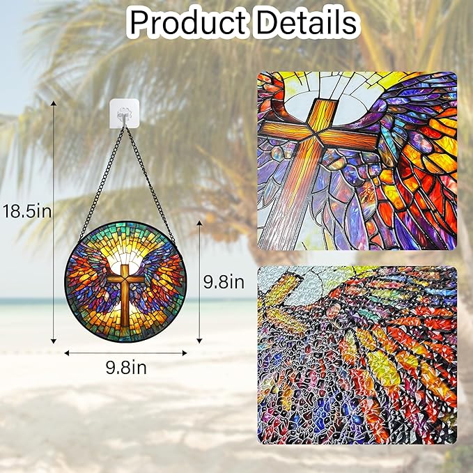 Stained Glass Window Hanging - Jesus Cross Wings Suncatcher Ready to Hang Window Doors Home Decoration and Christmas, Mother's Day Birthday Gifts for Women, Men, and Mom 9.8x9.8 in