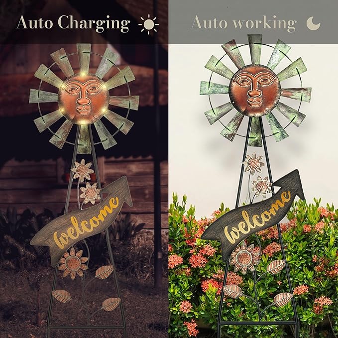 TERESA'S COLLECTIONS Garden Decor with Solar Outdoor Lights, Wind Spinner Yard Art Sign for Outside, 26'' Bronze Metal Sun Face Windmill Decorative Garden Stake for Lawn Ornaments, Gifts for Mom