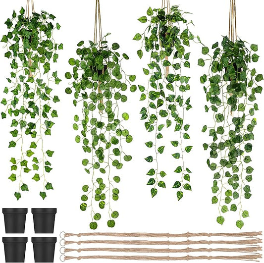 Folmywy 4 Pack Artificial Hanging Plants Vines with Pot Fake Vine Potted Plant Mixed Greenery Leaves Plant Theme Classroom Decoration for Indoor Outdoor Living Room Office Shelf