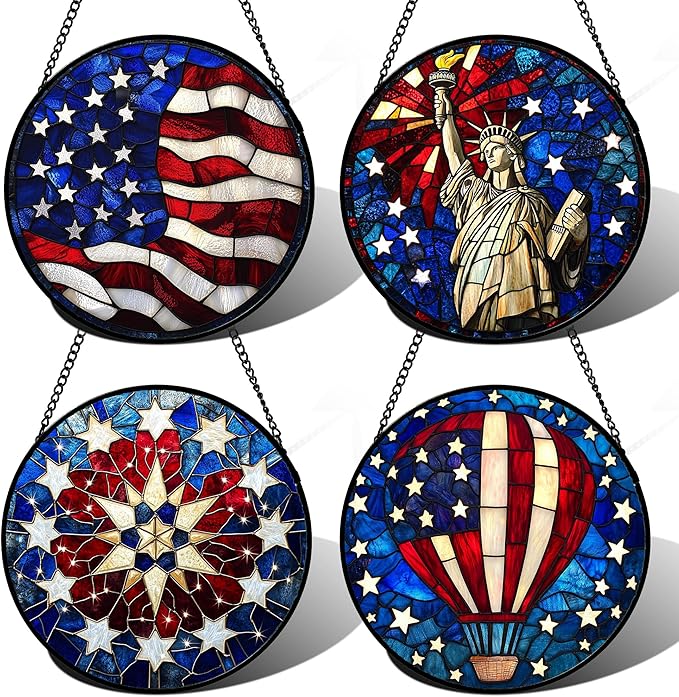 Stained Glass Window Hanging 4 Pcs Set Red Blue Flag Freedom Theme 7.8" - Suncatcher Door Garden Sun Catcher Decor Birthday Christmas for Mom Woman Nana Men Friend