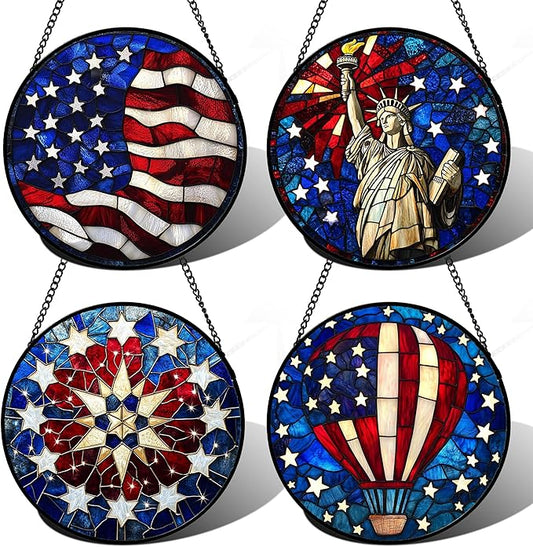 Stained Glass Window Hanging 4 Pcs Set Red Blue Flag Freedom Theme 7.8" - Suncatcher Door Garden Sun Catcher Decor Birthday Christmas for Mom Woman Nana Men Friend