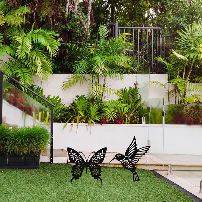 Metal Large Size 20inch Hummingbird Butterfly Decorative Garden Stakes, Black Butterfly Hummingbird Outdoor Decor Silhouette Yard Stake, Outdoor Decorations for Lawn Garden Yard Patio Fall