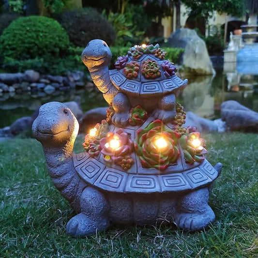 Solar Turtle Garden Outdoor Statues with Succulent and 7 LED Lights, Lawn Decor Tortoise Statue for Patio, Balcony Outdoor Figurines Solar Light， Unique Birthday Gifts for Mom,