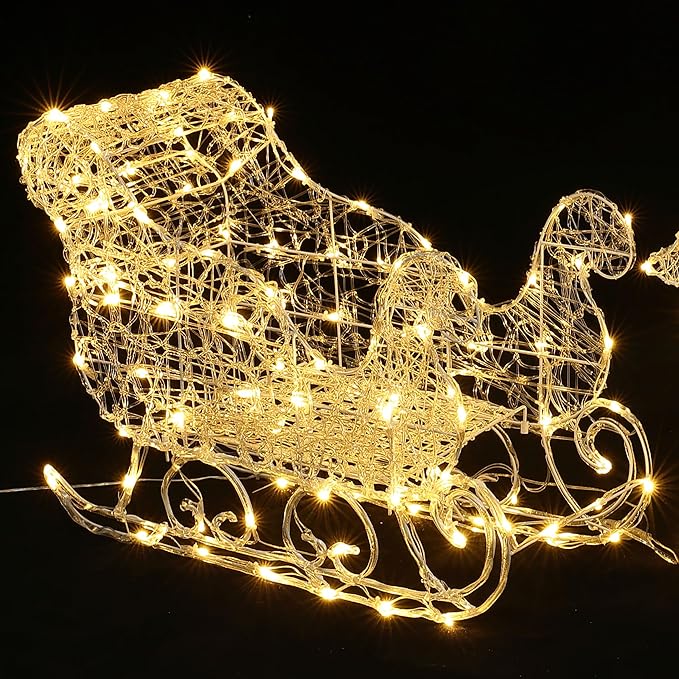 LuxenHome Lighted Reindeer Christmas Outdoor Yard Decorations, Prelit Reindeer and Sleigh Indoor & Outdoor Christmas Decor with 250 LED Lights, Xmas Decorations for Front Porch, Lawn, Garden Display