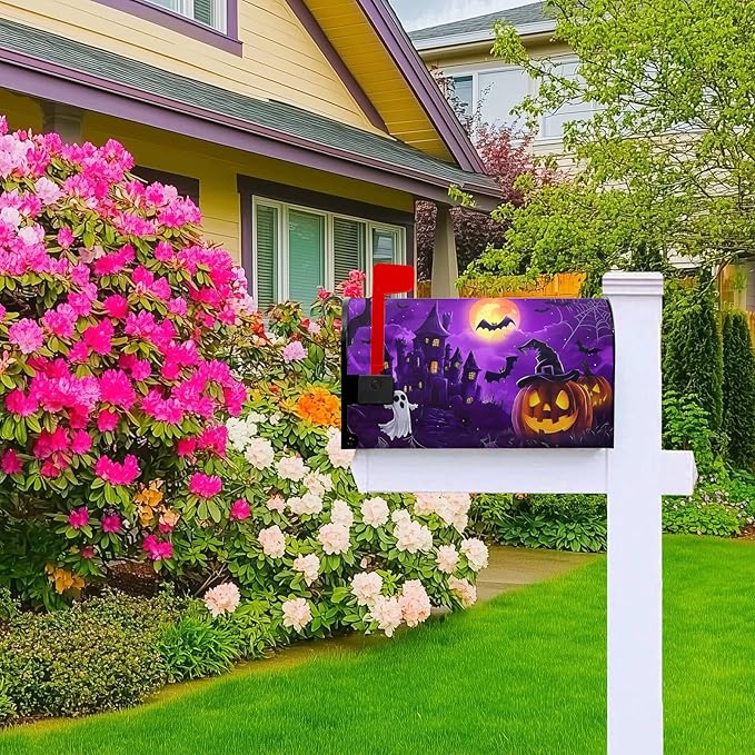 Pumpkin Mailbox Covers Magnetic Halloween Bat Post Letter Box Cover Scary Night Mailbox Wrap Standard Size 21x18 inch Castle Lanterns Forest for Outside Garden Decor Fall Autumn
