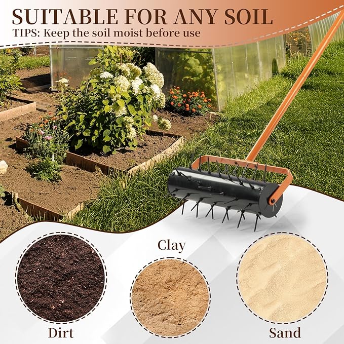 VINGLI Lawn Aerator, 17 inch Heavy Duty Lawn Aerator Tool, Rolling Aerator Lawn Tool with 42 Spikes for Garden Yard Patio Maintaining, Orange & Black
