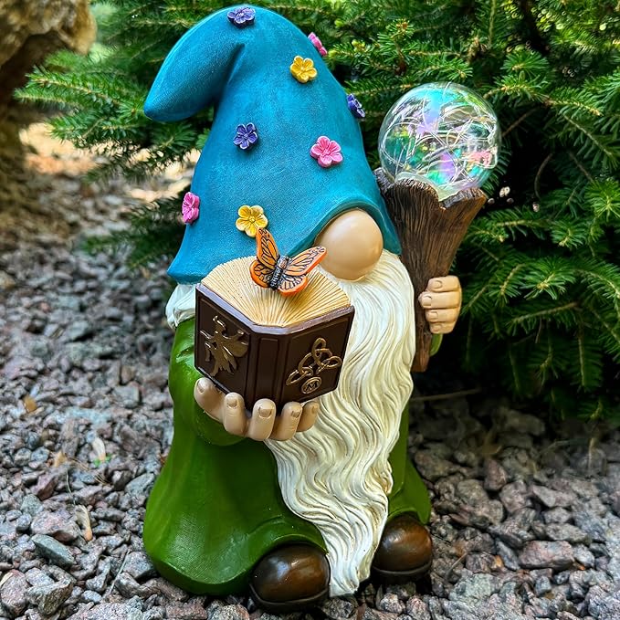 Garden Gnome - Solar Magician Gnome Figurine - 9.45 Inch Tall Decor Outdoor Lawn Statue with LED Lights