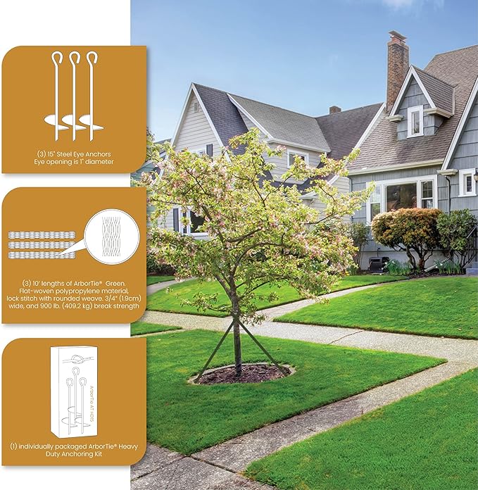 DeepRoot ArborTie Heavy-Duty Ground Anchoring Kit for Tree Support, Includes Three 10’ ArborTie Green and Three 15” Steel Eye Earth Anchors, Versatile Tree Stake Kit, Landscaping Stakes (AT HD15)
