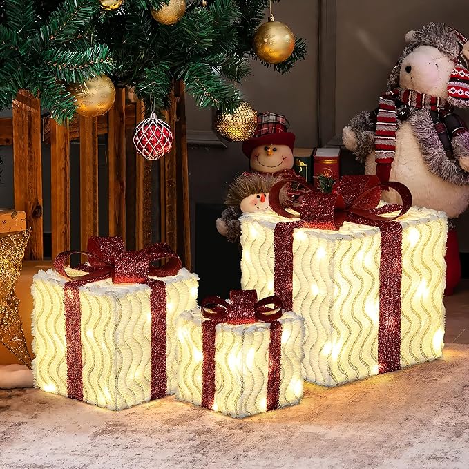 LuxenHome Set of 3 Lighted Gift Boxes, Plug-in Wavy Design with Red Ribbon Bow Boxes for Xmas Holiday Display, Lawn, Porch, Under Tree Indoor, Outdoor Christmas Decoration.