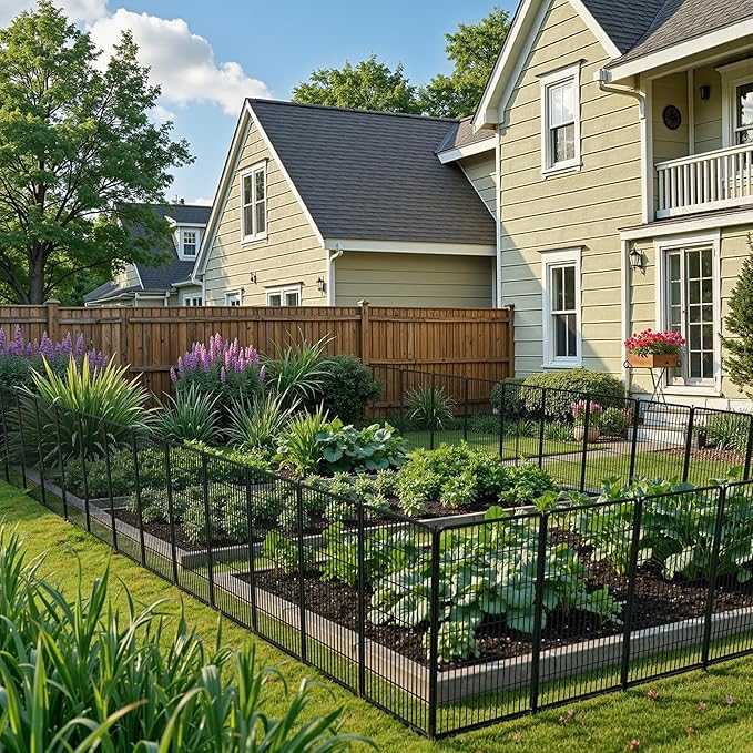 SunsGrove Garden Fence with Gate, 24 in(H) x 22.2 ft(L) 12 Panels Heavy Duty Metal Animal Barrier Fence for Yard, Suitable for Indoor or Outdoor Dog Pet Fence, Garden Fence Border, Black