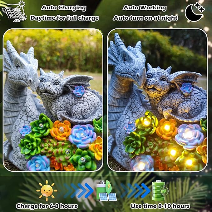 Solar Garden Statues Dragon Figurine Lights, Gardens Statue with Succulents and 6 LED Lights Yard Decorations Outdoor, Solar Light Garden Decor Unique Birthday Housewarming Gifts for Mom