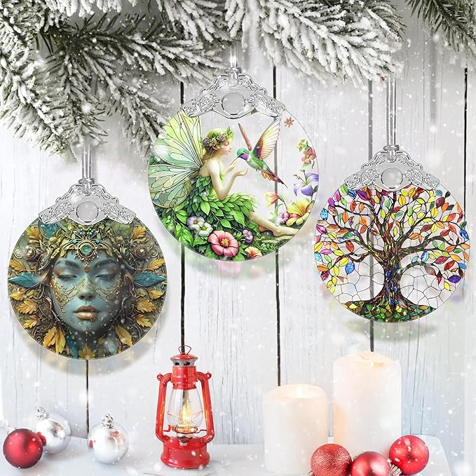 Fairy & Hummingbird Christmas Ornament - Stained Glass Hanging Decor - Tree Decoration - Gifts for Women, Her, Mom