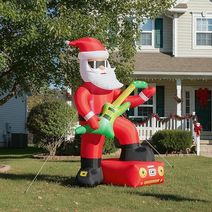VINGLI 7.5ft Black Musical Santa Inflatable, Christmas Inflatable Santa Claus Playing Guitar, Gaint Blow up Outdoor Decoration with LED Lights for Lawn, Garden, Xmas Holiday Decor