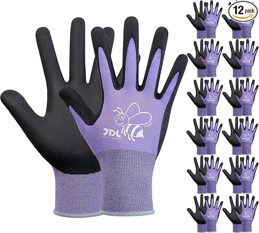 JDL 12 Pairs Nylon Nitrile Coated Gardening Gloves for Women, Touchscreen Yard Garden Gloves, Breathable Safety Work Gloves with Grip, Purple, Medium