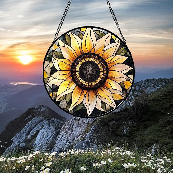 Stained Glass Window Hanging - Sunflower Suncatcher for Door Garden Patio Retro Flower Sun Catchers Decor Christmas Mother's Day Birthday Gifts for Women Mom Nana Friend Wife 6.3 in