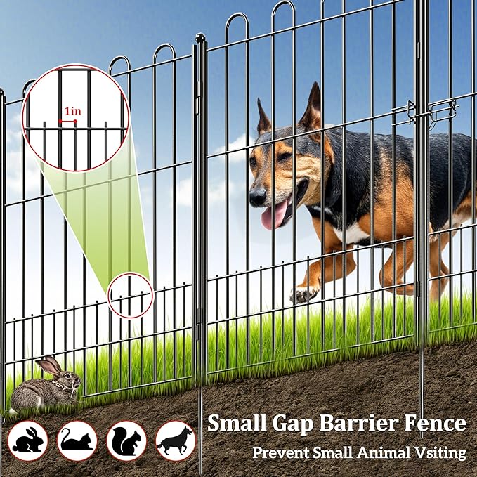 Bepatio Tall Garden Fence Animal Barrier with Gate, 39.5in (H) x 23ft (L) 10 Panels Decorative Dog Fence Outdoor for Yard, Heavy Duty Metal Fence Border, Flower Bed, Easy Setup, Black